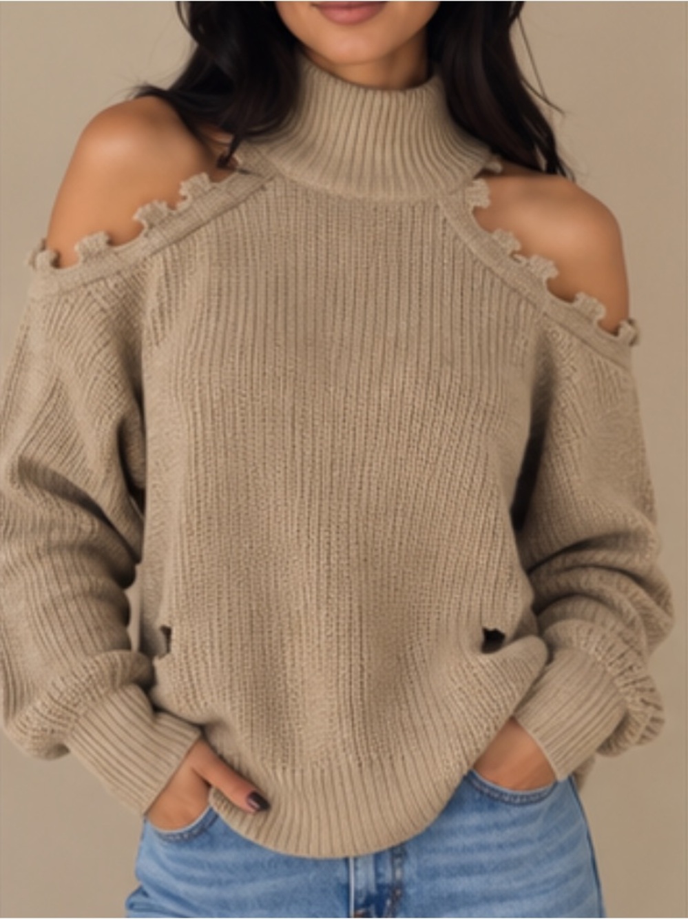 LA MIEL Taupe Off-the-Shoulder Ribbed Turtleneck Sweater